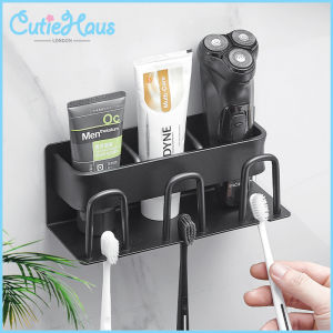 Cutiehaus Wall Mounted Bathroom Toothbrush Holder Rack With Mouthwash Cup Storage Shelf Rak Pemegang Berus Gigi