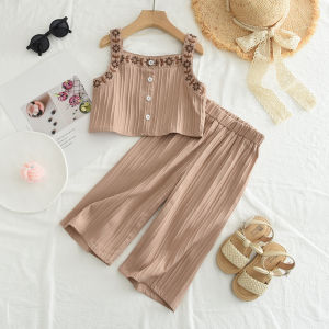 Bear Leader 2 Pieces Sets Kids Girls Floral Embroideried Vest Top and Solid Color Wide Leg Pants Clothing Suits Baby Girls Summer Costumes Outfits 3-7 Years Child