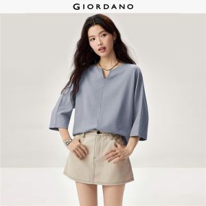 GIORDANO Women T-Shirts 100% Cotton French Terry Tee Notch Neck 1/2 Dolman Sleeve Fashionable Casual Relaxed T-Shirts 13326637