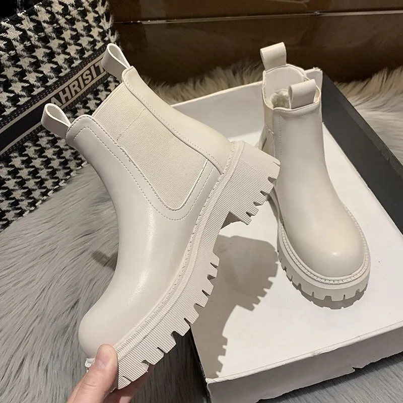 Autumn Winter Chelsea Boots Women 2021 Platform Brown Black Beige White  Ankle Boots For Women Fur Short Chunky Punk Gothic Shoes