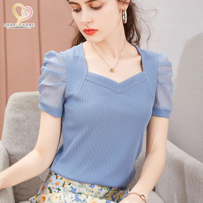 Joya T-shirt for women,Ice silk t-shirt women's new summer short sleeve puff sleeve top