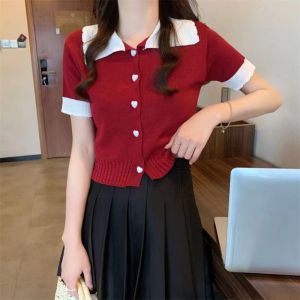 VISIONN Love button Knit V-neck T-shirt Patchwork Lapel Short Sleeve Tops Fashion Female Summer Tops Womens Slim Crop Tops Girls Women