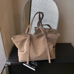Korean Large Capacity Tote Bag Women Suede Shoulder Crossbody Bag Belt Buckle Design Minimalist Solid Color Zipper Bag2026