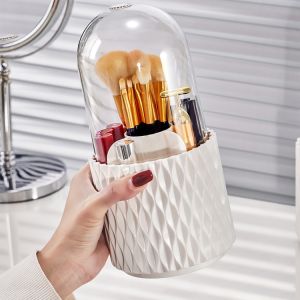 Rotatable Makeup Brush Holder With Cover Decoration Desk Organizer Creative Rotating Makeup Brush Organizer Eye Shadow Lipstick Eyebrow Pencil Brush Bucket With Cover