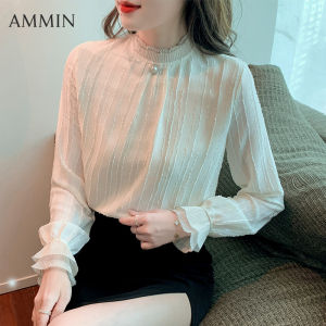 AMMIN Korean style new female long-sleeved chiffon lace shirt Fashion temperament all-match lace top casual Blouse