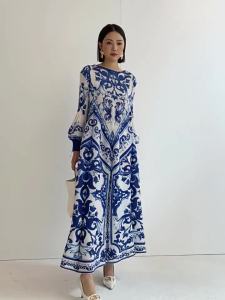 Pleated R Dress Womens Fashion Porcelain Printed round Neck Lantern Sleeve Dress #20240566
