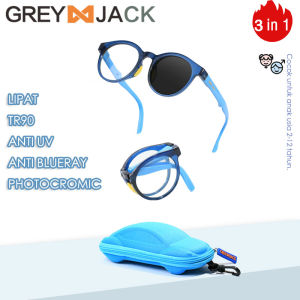 Grey Jack Kacamata Anak Lipat Blueray Photocromic 2IN1 TR90+Silicone Bulat Keren Fashion Anak 777