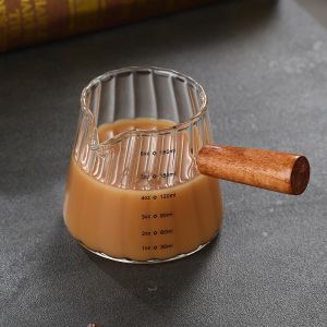 Wooden Handle Double Mouth 180ml Milk Cup Coffee Milk Cup Italian Glass Coffee Measuring Cup Vertical Pattern Mini Milk Cup Si Cup