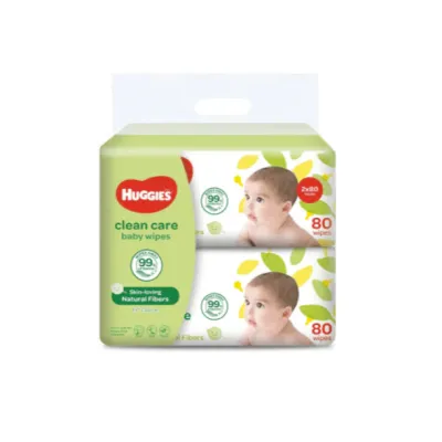 Huggies Natural Fibers Baby Wipes Clean Care (Wet Tissues) - 2 pack (80s X 2)