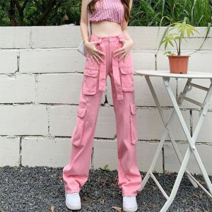 Multi-Saku Retro Merah Muda Pinggang Tinggi Celana Kargo Spice Girl Dance Longgar Lurus Celana Kargo