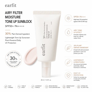 [In Stock] Earfit Airy Filter Moisture Tone Up Sunblock SPF50+ PA++++ 40ml  Lightweight Tone Up Sunscreen  Plant-Powered Daily UV Protection