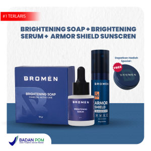 PAKET BRIGHTENING PLUS BROMEN FACIAL WASH Sabun Pemutih & Pencerah Wajah Pria Original (Brightening Soap + Brightening Serum + UV Shield)