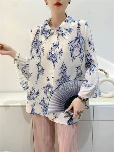 Pleated Print Top Womens Comfort and Casual Pop-up Toothpick Pleated Ninth Sleeve Loose plus Size #S-796