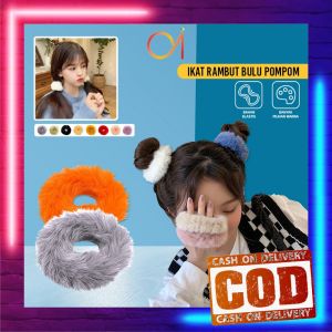 AI-C877  Karet Aksesoris Rambut Cepol Wanita Import / Ikat Rambut Bulu Pompom Polos Elastis Korean