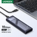 UGREEN กล่องใส่ HDD 10Gbps Dual Protocol M.2 NVME and SATA SSD Case USB C 3.2 Gen2 Compatible with M.2 M-Key(NVME)/M&B-Key(SATA) Model: 90408. 