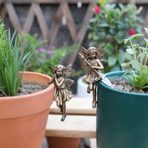 LIANG Cartoon Flower Fairy Figurine Set Imitation Copper Resin Crafts Fairy Hanging Ornaments Funny Cute Flower Fairy Flowerpot Pendant For Office Outdoor Plant Decor