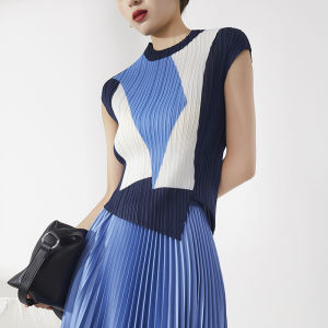 [NOVA quality] hot sale ※Miyake fashionable folded irregular printed top for women  summer new style slitted slim all-match bottoming t-shirt top