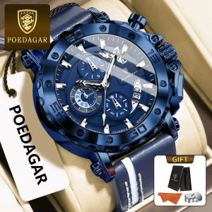 POEDAGAR Genuine Mens Watch Leather Strap Luminous Calendar Chronograph Multifunctional 100% Waterproof Quartz Watch 892