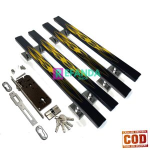 fullset lock body rumah kunci dan 4buah gagang tarikan handle pintu rumah panjang 33cm dan 45cm untuk daun pintu 2 pintu depan model kupu tarung ddaun pintu 2