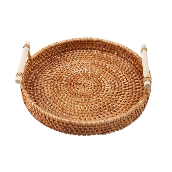 Rattan Storage Tray Dinner Coffee Breakfast Serving Bread Tray Round Rectangle Hand-Woven Food Basket with Handle Home Decor
