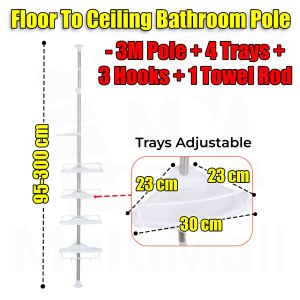 Floor To Ceiling Bathroom Organizer – Adjustable Corner Shelf Tension Rod with 4 Trays Multi-functional 3 Meters Shower Caddy Pole Stand for Shampoos Soaps Lotions and Loofahs Suitable in Bathroom and Laundry Room