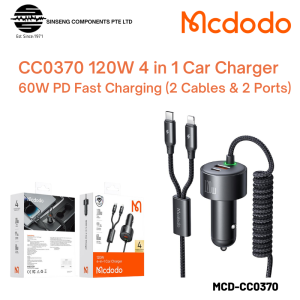 Mcdodo 120W 4 in 1 | 2 Port Car Charger with Built in USB-C Type-C & iPhone Cables [Model:MCD-CC0370]