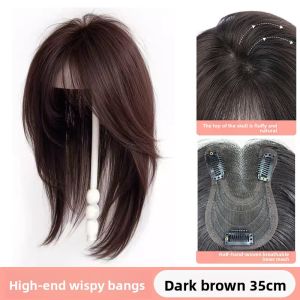 Synthetic Long Straight Layered Hair Clip in Hair Extension Head Top Fake Hair Piece Sweet Human Hair Hair Toppers Wigs with Bangs Women