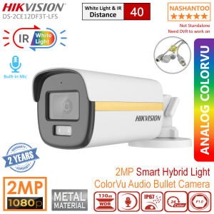 (2025 New) HIKVISION DS-2CE12DF3T-LFS 2MP Smart Hybrid Light New ColorVu Audio Analog Bullet Camera 40M White Light & IR Distance Built-in Mic TVI/AHD/CVI/CVBS Switchable CCTV Camera NASHANTOO