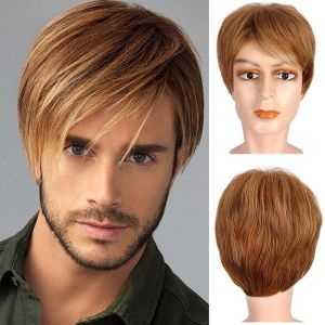 JON09 Synthetic Fashion Mens Wigs Cosplay Toupee Layered Straight Wig Full Head Realistic Short Light Brown Hair Costume Party