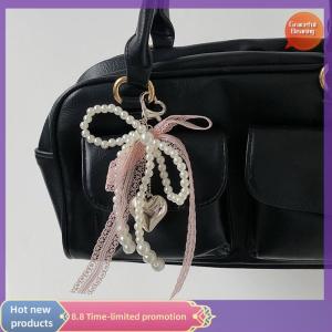 Graceful 1Pcs Sweet Lace Bow Beaded Bow Keychain Phone Charm Strap Pendant For Phone Accessories Bag Hanging Cord For Women Girl
