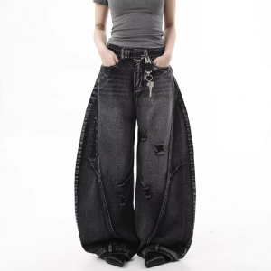 สไตล์อเมริกันถนนล้างทำเก่ากางเกงยีนส์ขาดฤดูใบไม้ผลิและฤดูใบไม้ร่วงตรงหลวมยุโรปและอเมริกาสูงถนน vibe ลมยาวกางเกง