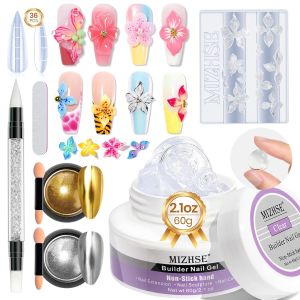 MIZHSE 3D Nail Art Sculpture Non-Sticky 4 Colors Solid Texture 5-in-1 Molding Gel Nude Clear White Pink Hard Builder Nails UV LED Molding Gels Nail Extension for Salon Mani Home DIY