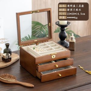 Roll_n_Rotate Drawer Solid wood jewelry box storage box high-end retro multi-layer anti-oxidation earring jewelry box wedding gift