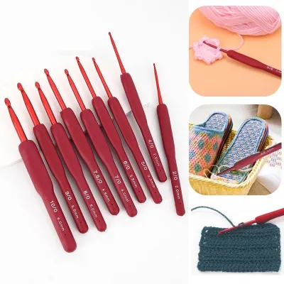 9Pcs Red Crochet Needle Set metal Aluminium Knitting Needles Set sweater Crochet Hooks Needles Knitting tool Knitted Craft Kit