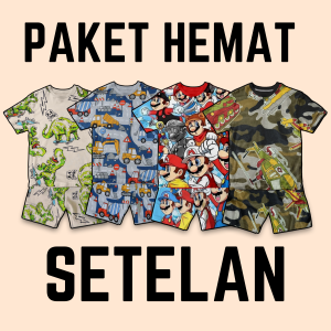 Code8.id PAKET HEMAT SETELAN PRINTING FULPRINT KARAKTER KARTUN BAHAN ADEM UKURAN S-XXL USIA 1-10 THN