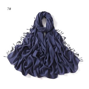 Jifang Women Plain Bubble Chiffon Pashmina Shawl with Long Shiny Pearls Muslim Hijabs Shawls 180x72cm SL223