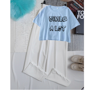Baju 1 Pasang Baju Crop Big Size Dan Celana Panjang Sablon DTF Simle A Lot