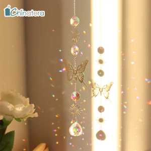 Chinatera Crystal Wind Chime Ornament Silver Metal Eyes Butterfly Sun Star Moon Pendant Prism Light Catcher Rainbow Maker Window Hanging Windchime Home Garden Decor