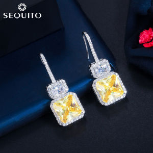 SEQUITO Brilliant Cubic Zirconia Square Drop Ear Hook Earing Delicate Jewelry for Women SE368