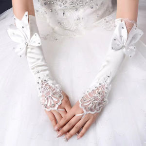 Bridal Gloves Wedding Dress Gloves Bow Lace Hollow Sleeves Gloves Ribbon Long Gloves