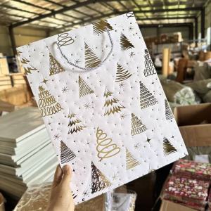 ถุงของขวัญ สุดหรู โทนขาวครีม ตัดด้วยสีทองเลื่อม กระดาษหนา ทรงแนวตั้ง หูหิ้วเชือก แบบเกลียว อย่างดี พร้อมส่ง