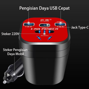 Charger Mobil Charger Mobil Inverter 2USB+Type C Colokan Charger Fast Charging Mobil Konverter Daya