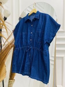 Meltz.id - Atasan Kemeja Jeans Oversize Lengan Pendek Wanita Dewasa Kerut Pinggang