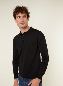 Montagut Mens Long-Sleeved Polo T-Shirt in Fil Lumiere Plain Black 100% Polyamide Made in Portugal