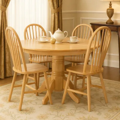 Furniture Direct WINDSOR Set Meja Makan Bulat / 4 Seater Dining Set 4 Seater Solid Wood Round Dining Set-Natural
