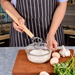 Flour Dough Mixer Manual Wooden Handle Whisk Household Baking Mixing Rod Stainless Steel Handle for Cake Bread Pizza Pastry Food Biscuits Kitchenware Tool