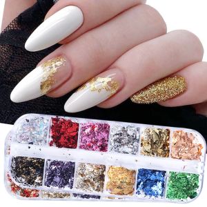 12 Grids Nail Art Sticker Nails Sequins Aluminum Foil Gold Design Glitter Flakes Gel DIY Manicure