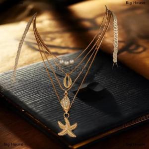 [COD] Big House สร้อยคอจี้รูปปลาดาวขนาดใหญ่สไตล์โบโฮสำหรับผู้หญิงสร้อยคอเปลือกหอยมุกโซ่โลหะโชกเกอร์เครื่องประดับงานเลี้ยงริมชายหาดของขวัญสุดพิเศษ