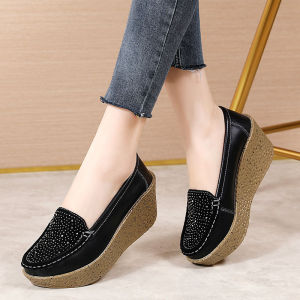 Womens Wedge Shoes Leather Shallow Mouth Increased By 6.5cm Wedge-heeled Muffin Bottom Casual Shoes Casual Shoes British Style High Heels Women