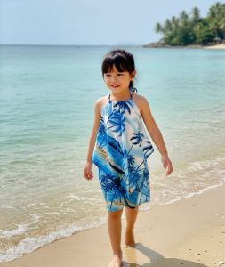 Antnine พร้อมส่ง ชุดเด็กผู้หญิง ชุดฮาวาย เซท 2 ชิ้นไปทะเล เสื้อสามเหลี่ยมลายต้นมะพร้าว มี 3 ขนาด